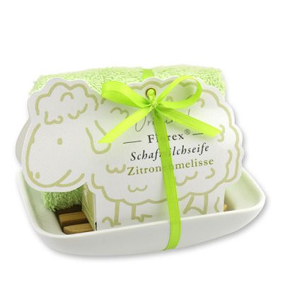 Soap dish porcelain decorated with a sheep milk soap 100g in a sheep paper box, Lemon balm 
