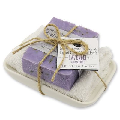 Cold-stirred soap 150g on porcelain soap dish "Love for tradition", Lavender 