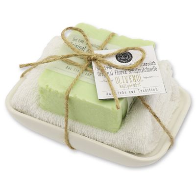 Cold-stirred soap 150g on porcelain soap dish "Love for tradition", Olive oil 