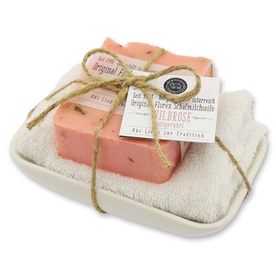 Cold-stirred soap 150g on porcelain soap dish "Love for tradition", Wild rose 