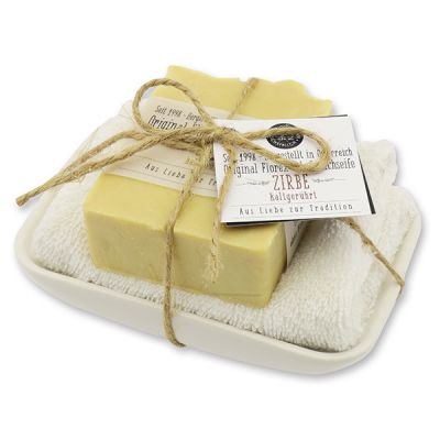 Cold-stirred soap 150g on porcelain soap dish "Love for tradition", Swiss pine 