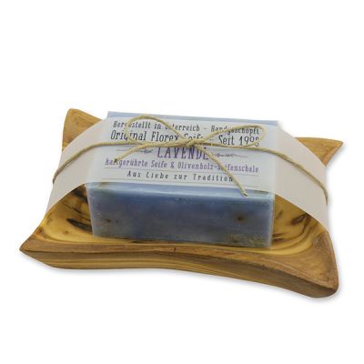 Cold-stirred soap 100g on olivewood soap dish "Love for tradition", Lavender 