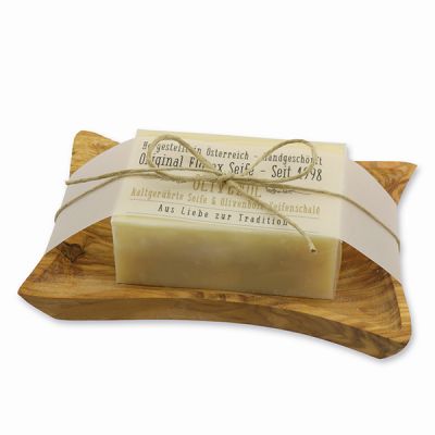 Cold-stirred soap 100g on olivewood soap dish "Love for tradition", Olive oil 