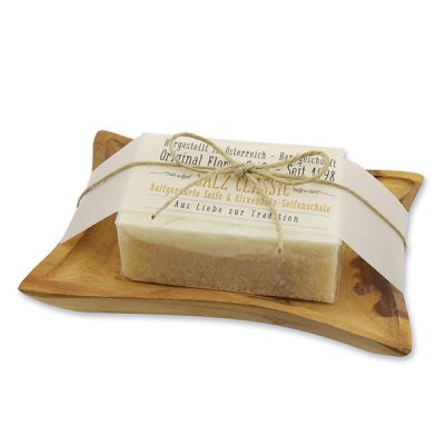 Cold-stirred soap 100g on olivewood soap dish "Love for tradition", Salt classic 