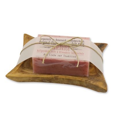 Cold-stirred soap 100g on olivewood soap dish "Love for tradition", Wild rose with petals 