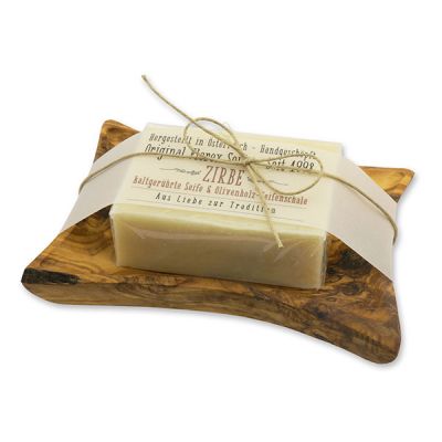 Cold-stirred soap 100g on olivewood soap dish "Love for tradition", Swiss pine 