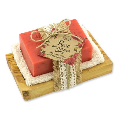 Sheep milk 150g on a olive wood soap dish "feel-good time", Rose with petals 