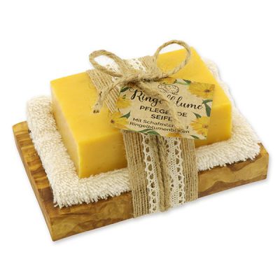 Sheep milk 150g on a olive wood soap dish "feel-good time", Marigold 