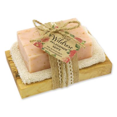 Sheep milk 150g on a olive wood soap dish "feel-good time", Wild rose with petals 