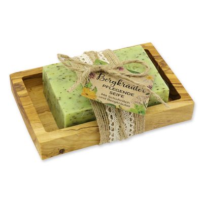 Sheep milk 150g on a olive wood soap dish "feel-good time", Mountain herbs 