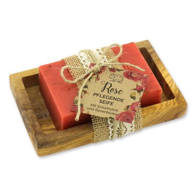 Sheep milk 150g on a olive wood soap dish "feel-good time", Rose with petals 