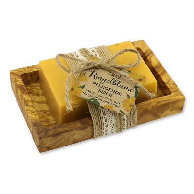 Sheep milk 150g on a olive wood soap dish "feel-good time", Marigold 