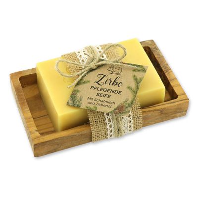 Sheep milk 150g on a olive wood soap dish "feel-good time", Swiss pine 