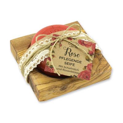Sheep milk round 100g on a olive wood soap dish "feel-good time", Rose with petals 