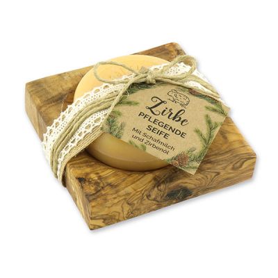 Sheep milk round 100g on a olive wood soap dish "feel-good time", Swiss pine 