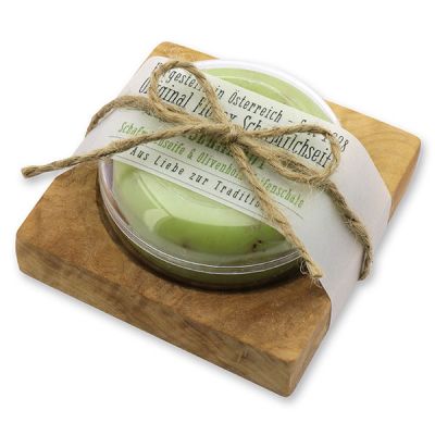 Sheep milk soap round 100g in a can on olivewood soap dish "Love for tradition", Verbena 