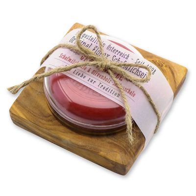 Sheep milk soap round 100g in a can on olivewood soap dish "Love for tradition", Pomegranate 