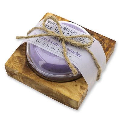 Schafmilchseife rund 100g in der Dose auf Olivenholz-Seifenschale "Aus Liebe zur Tradition", Lavendel 