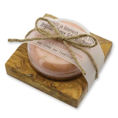 Sheep milk soap round 100g in a can on olivewood soap dish "Love for tradition", Wild rose 