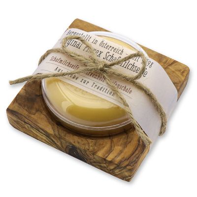 Sheep milk soap round 100g in a can on olivewood soap dish "Love for tradition", Swiss pine 