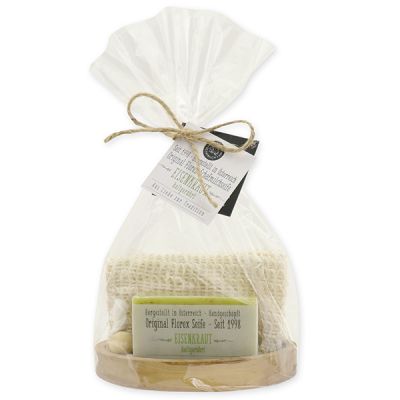 Cold-stirred soap 100g on olivewood soap dish in a cellophane bag "Love for tradition", Verbena 
