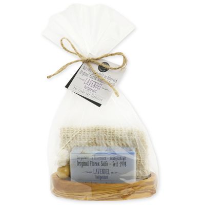 Cold-stirred soap 100g on olivewood soap dish in a cellophane bag "Love for tradition", Lavender 