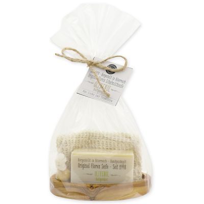 Cold-stirred soap 100g on olivewood soap dish in a cellophane bag "Love for tradition", Olive oil 