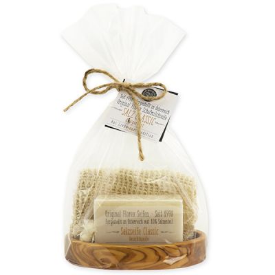 Cold-stirred soap 100g on olivewood soap dish in a cellophane bag "Love for tradition", Salt classic 