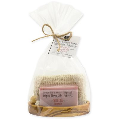 Cold-stirred soap 100g on olivewood soap dish in a cellophane bag "Love for tradition", Wild rose with petals 