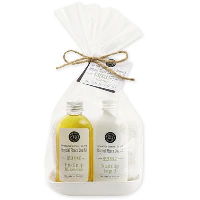 Real liquid vegetable oil soap 75ml & body milk 75ml on porcelain soap dish in a cellophane "Love for tradition", Verbena 