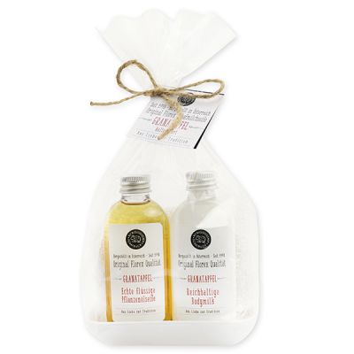 Real liquid vegetable oil soap 75ml & body milk 75ml on porcelain soap dish in a cellophane  "Love for tradition", Pomegranate 