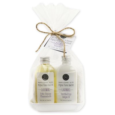 Real liquid vegetable oil soap 75ml & body milk 75ml on porcelain soap dish in a cellophane "Love for tradition", Lavender 