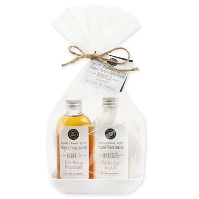 Real liquid vegetable oil soap 75ml & body milk 75ml on porcelain soap dish in a cellophane "Love for tradition", Almond 