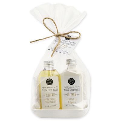 Real liquid vegetable oil soap 75ml & body milk 75ml on porcelain soap dish in a cellophane "Love for tradition", Olive 