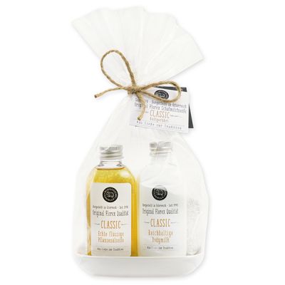 Real liquid vegetable oil soap 75ml & body milk 75ml on porcelain soap dish in a cellophane "Love for tradition", Classic 
