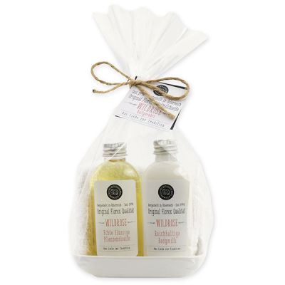 Real liquid vegetable oil soap 75ml & body milk 75ml on porcelain soap dish in a cellophane "Love for tradition", Wild rose 