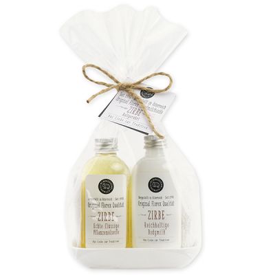 Real liquid vegetable oil soap 75ml & body milk 75ml on porcelain soap dish in a cellophane "Love for tradition", Swiss pine 