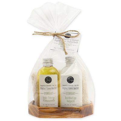 Echte flüssige Pflanzenölseife 75ml & Bodymilk 75ml auf Olivenholz-Seifenschale in Cello "Aus Liebe zur Tradition", Eisenkraut 