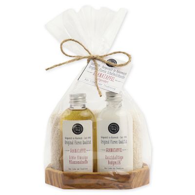 Echte flüssige Pflanzenölseife 75ml & Bodymilk 75ml auf Olivenholz-Seifenschale in Cello "Aus Liebe zur Tradition", Granatapfel 