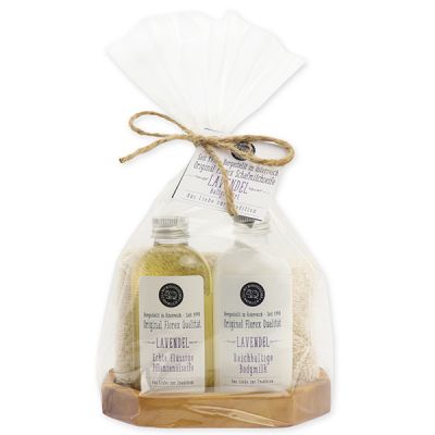 Echte flüssige Pflanzenölseife 75ml & Bodymilk 75ml auf Olivenholz-Seifenschale in Cello "Aus Liebe zur Tradition", Lavendel 