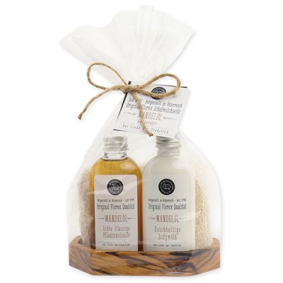 Real liquid vegetable oil soap 75ml & body milk 75ml on olivewood soap dish in a cellophane "Love for tradition", Almond 