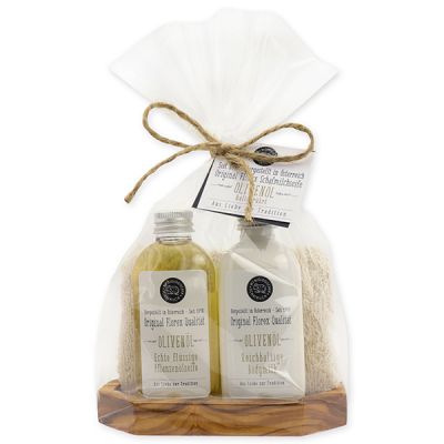 Real liquid vegetable oil soap 75ml & body milk 75ml on olivewood soap dish in a cellophane "Love for tradition", Olive 