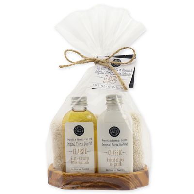 Real liquid vegetable oil soap 75ml & body milk 75ml on olivewood soap dish in a cellophane "Love for tradition", Classic 