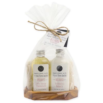 Real liquid vegetable oil soap 75ml & body milk 75ml on olivewood soap dish in a cellophane "Love for tradition", Wild rose 