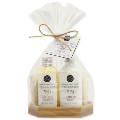 Real liquid vegetable oil soap 75ml & body milk 75ml on olivewood soap dish in a cellophane "Love for tradition", Swiss pine 