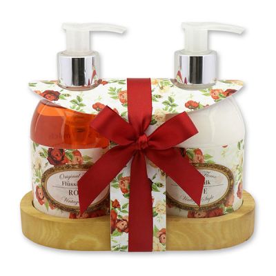 Body milk 250ml and liquid soap 250ml on a wooden shelf "Vintage-Motiv 140", Rose 