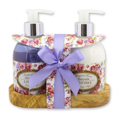 Body milk 250ml and liquid soap 250ml on a wooden shelf "Vintage-Motiv 156", Lavender 