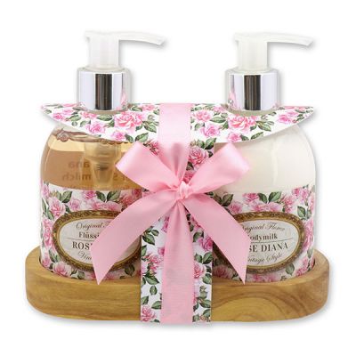 Bodymilk 250ml und Flüssigseife 250ml auf Holzablage "Vintage-Motiv 193", Rose Diana 