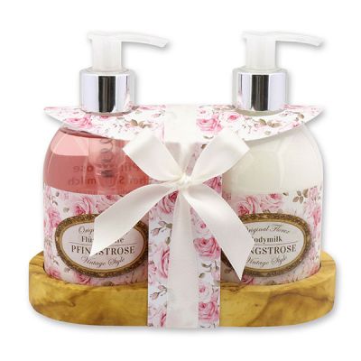 Body milk 250ml and liquid soap 250ml on a wooden shelf "Vintage-Motiv 195", Peony 