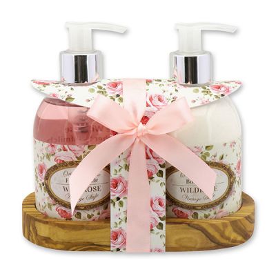 Body milk 250ml and liquid soap 250ml on a wooden shelf "Vintage-Motiv 205", Wild rose 